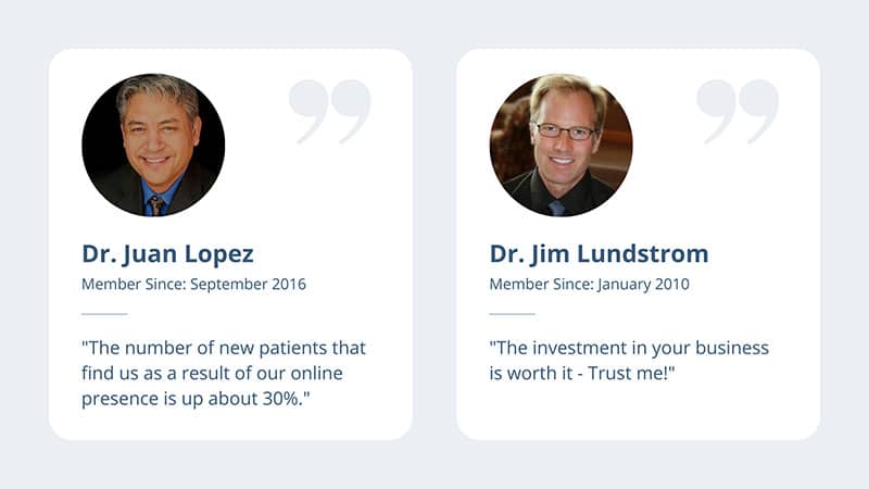 Testimonials reading "The number of new patients that find us as a result of our online presence is up about 30%" and "The investment in your business is worth it - trust me!"
